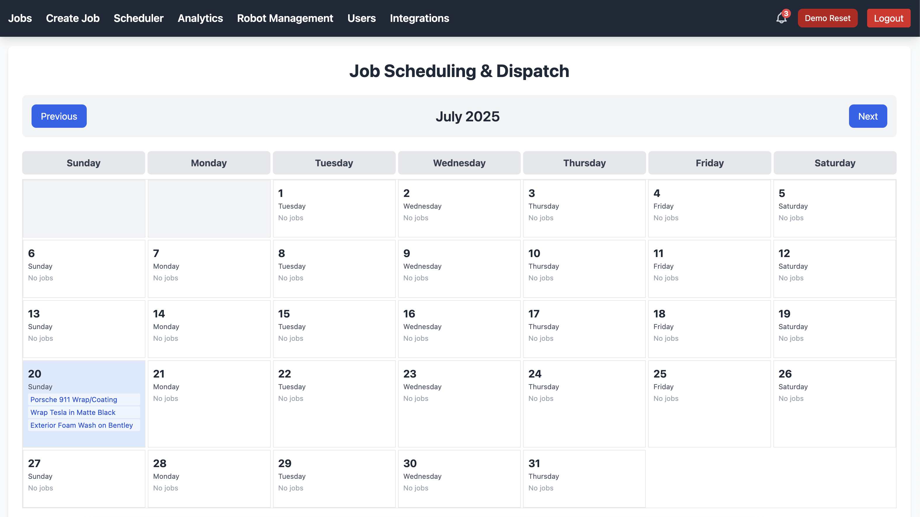 Job Scheduling and Dispatch Calendar